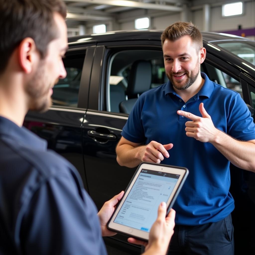 Mechanic explaining car diagnostics results to a car owner in Doncaster