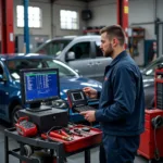 Mechanic using diagnostic tools on a car in Dublin