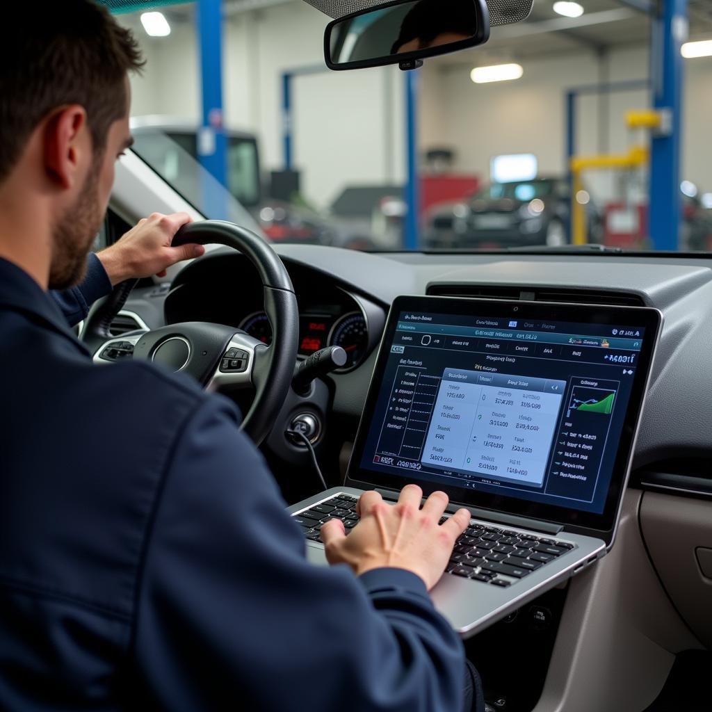 Mechanic using a car diagnostic laptop