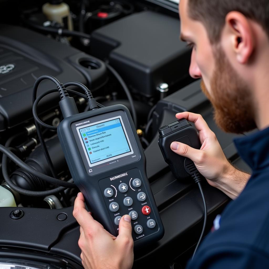 Mechanic using an engine fault diagnostic scanner