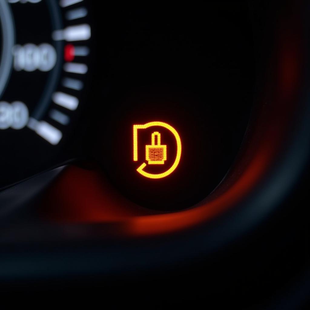 Car dashboard with engine management light illuminated