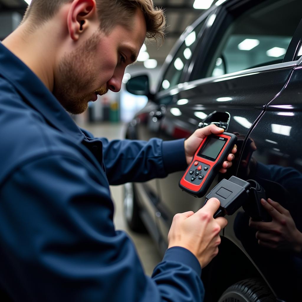 Mechanic Using a Euro Car Diagnostic Tool on a Vehicle