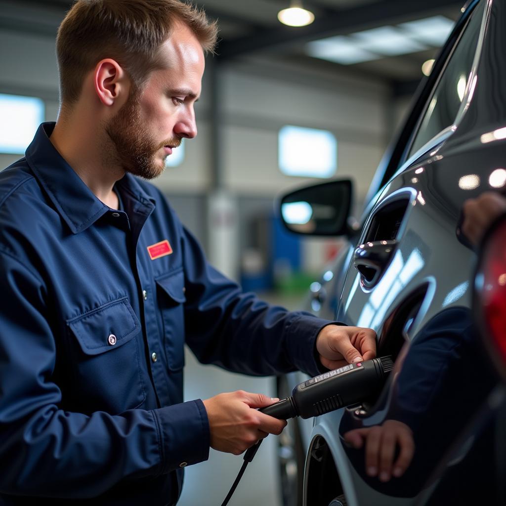 Mechanic using a diagnostic scanner on a car