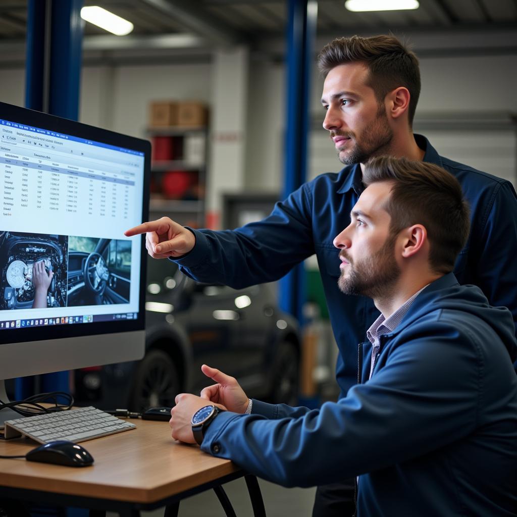 Mechanic explaining diagnostic report to car owner