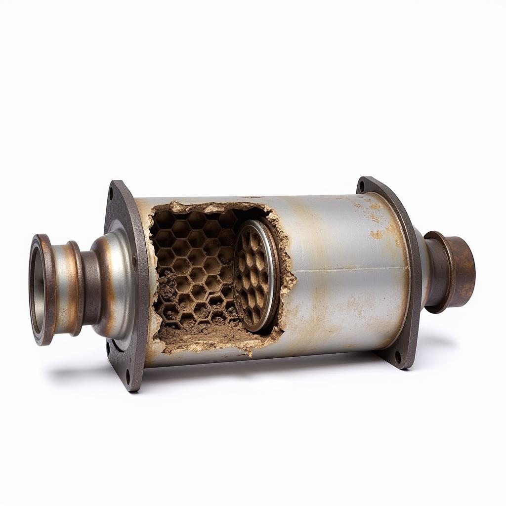 Cutaway of a Damaged Catalytic Converter: Show a cross-section of a catalytic converter with visible damage, such as a clogged honeycomb structure.