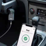 Fixd car diagnostic device plugged into a car's OBD-II port, with the accompanying app open on a smartphone