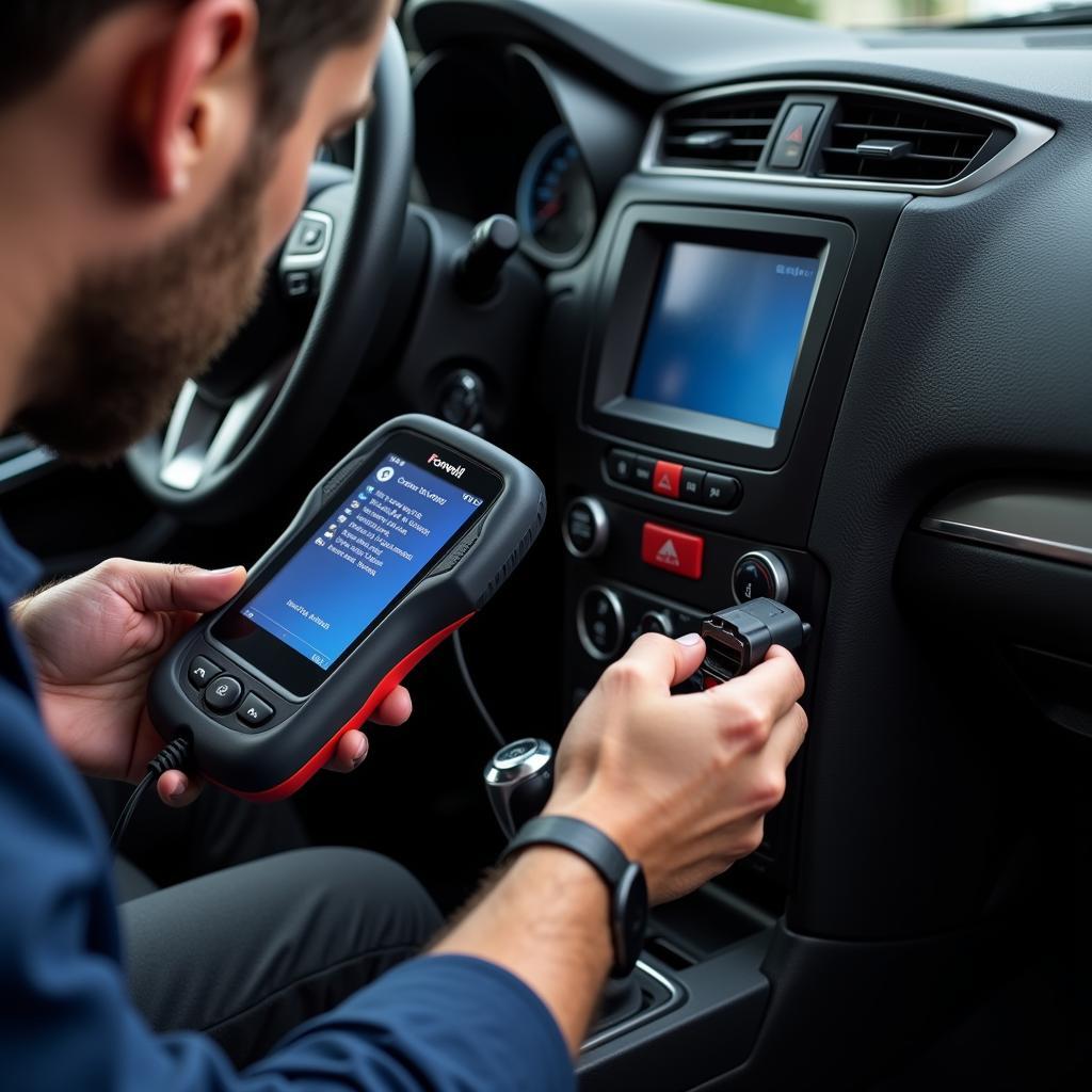 Mechanic using Foxwell scanner to diagnose car problems