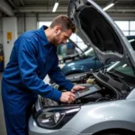 Mechanic performing a free car AC diagnostic check