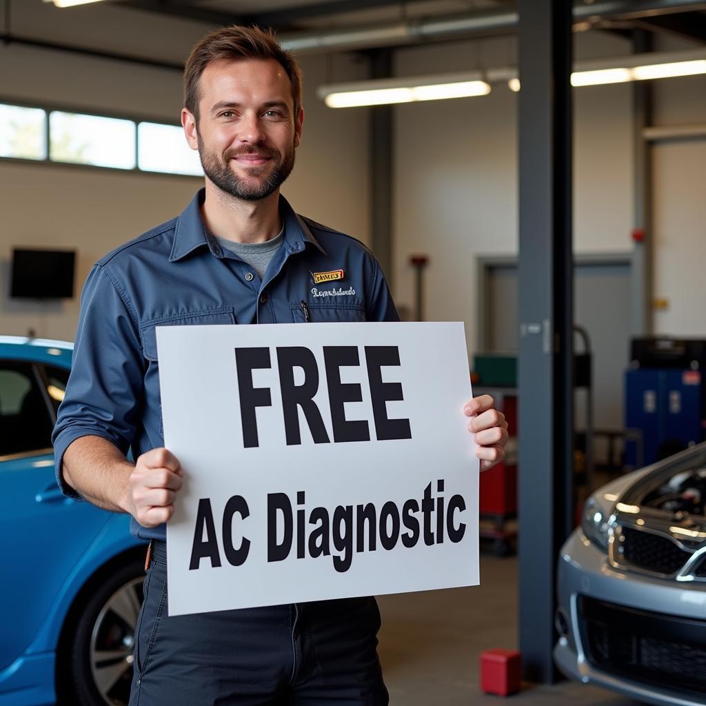 Mechanic holding "Free AC Diagnostic" sign