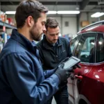 Mechanic using diagnostic tool in auto parts store