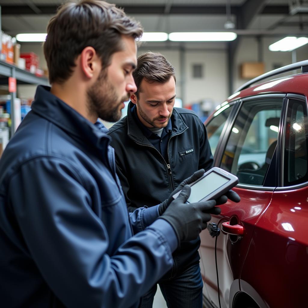 Mechanic using diagnostic tool in auto parts store