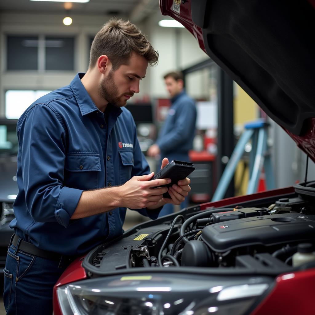 Mechanic performing a free car diagnostic check