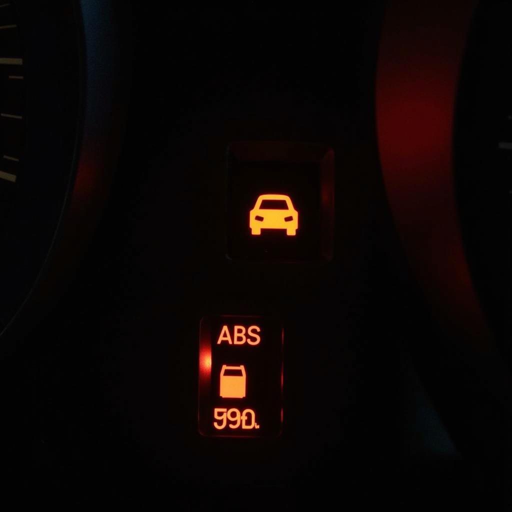 Car dashboard illuminated with various warning lights, including check engine light, ABS, and oil pressure.