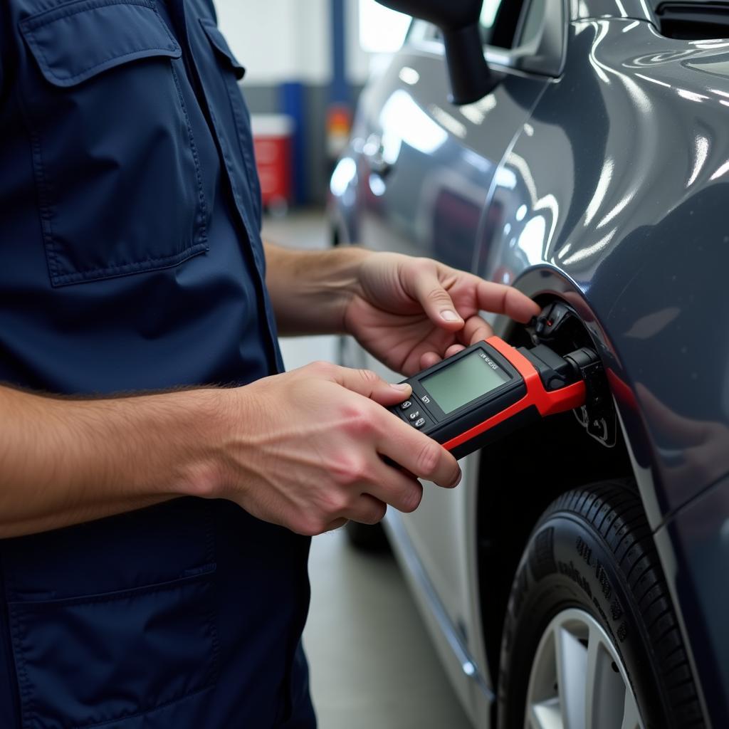 Mechanic using a code reader on a car