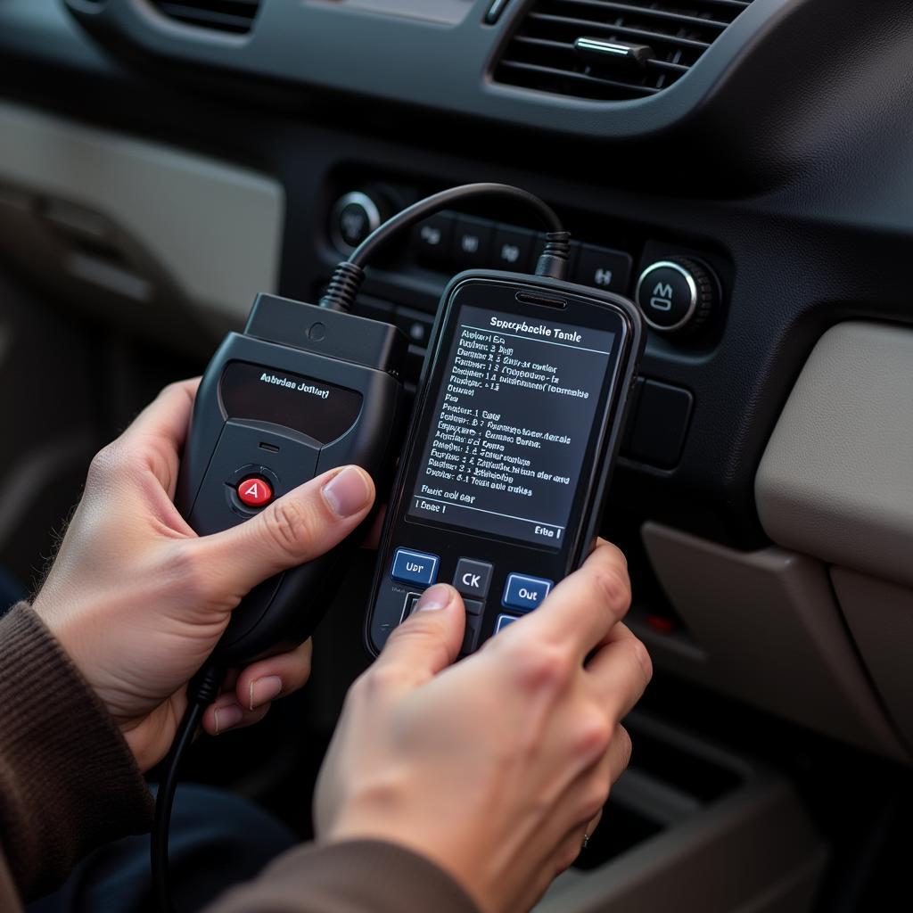 Mechanic using a code reader on a car