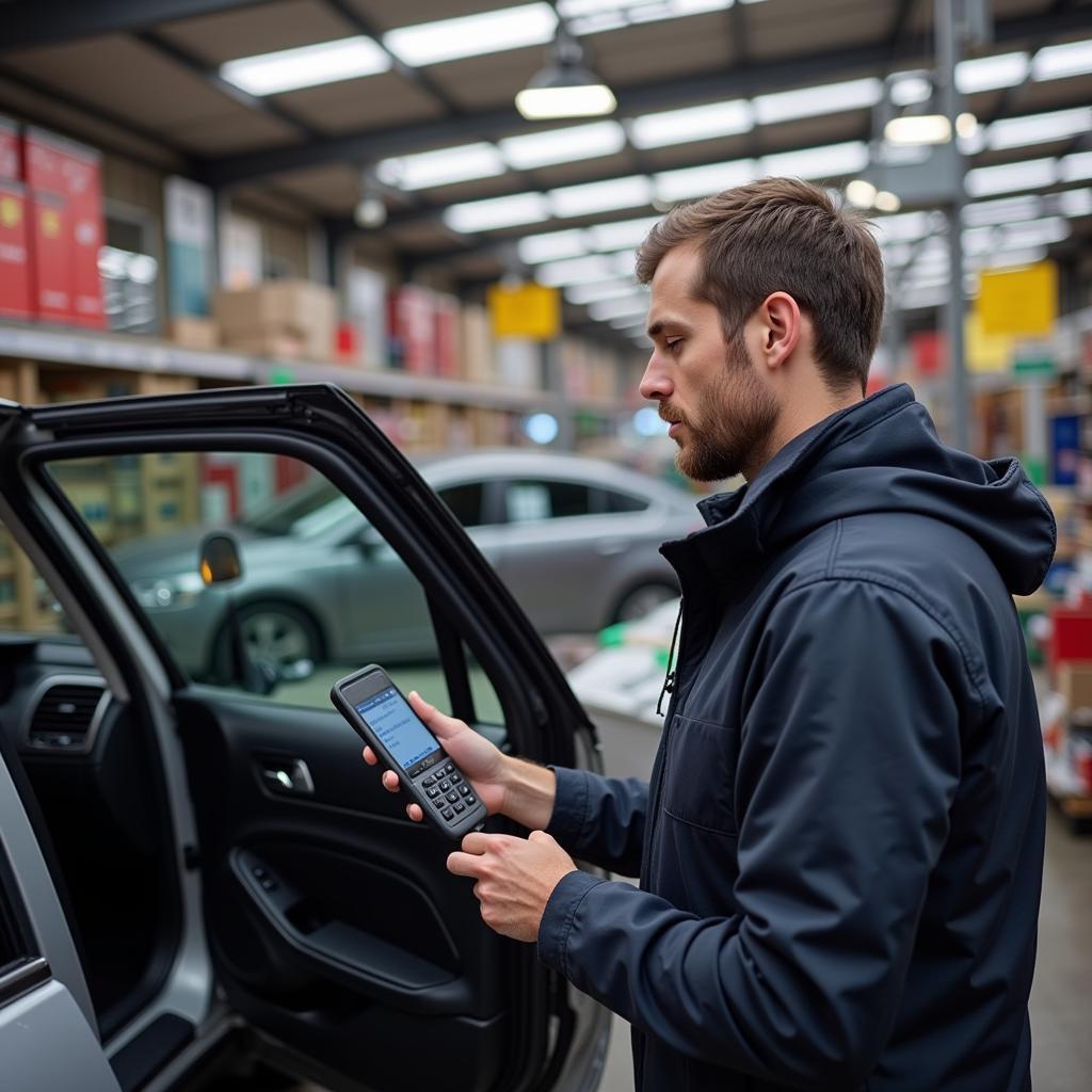 Using a free car diagnostic code reader at an auto parts store.