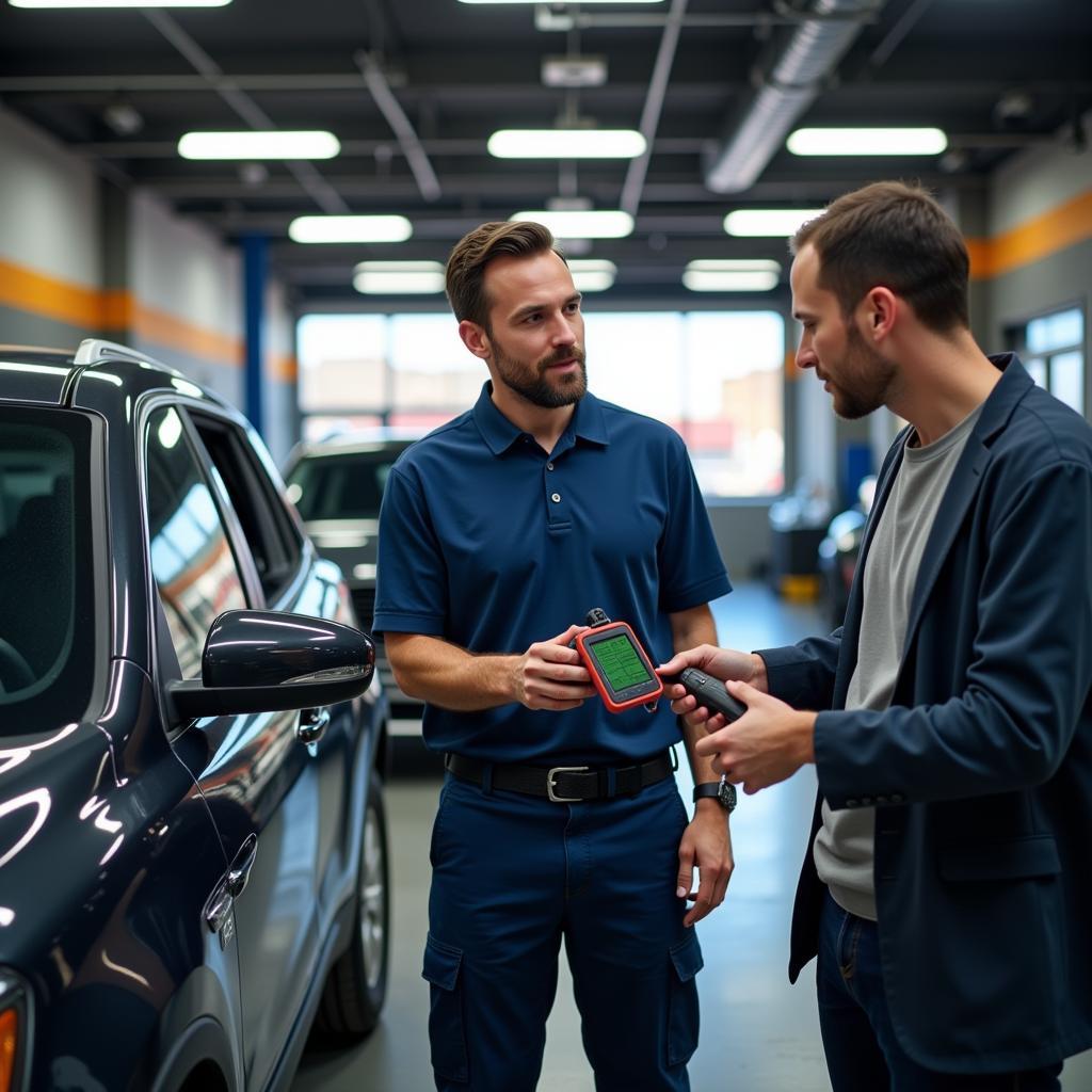 Mechanic performing a free car diagnostic in Las Vegas