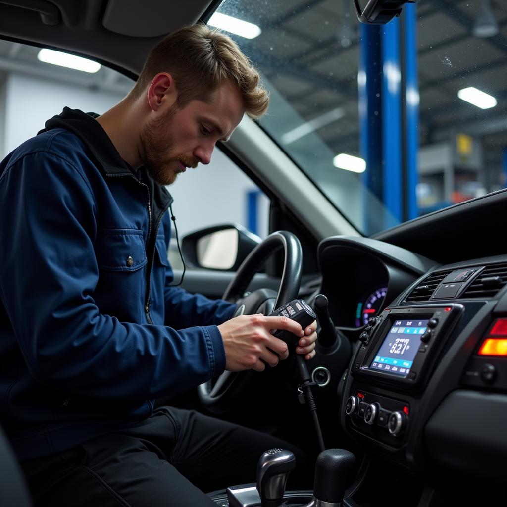 Mechanic performing a free car diagnostic scan