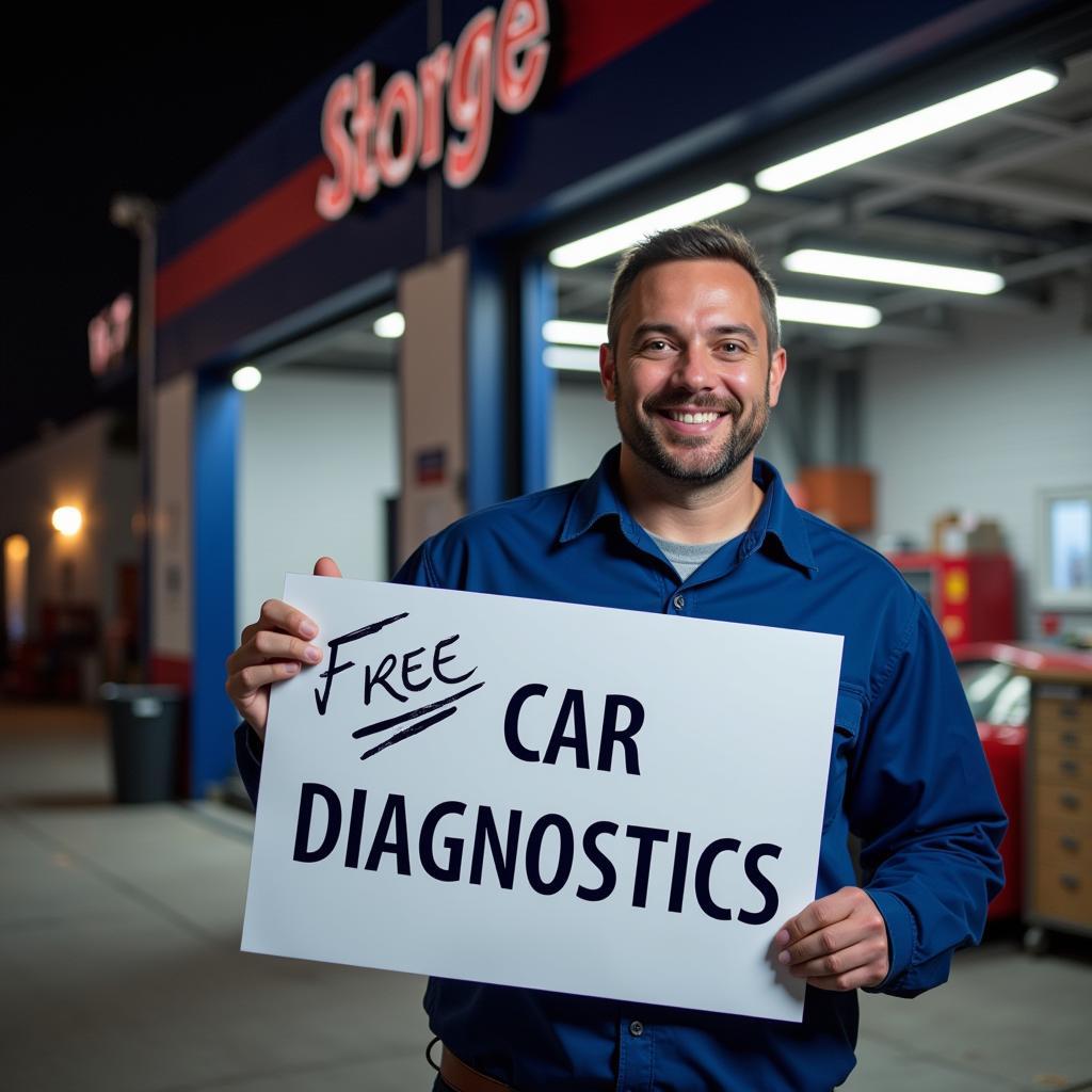 Mechanic holding a sign advertising free car diagnostics