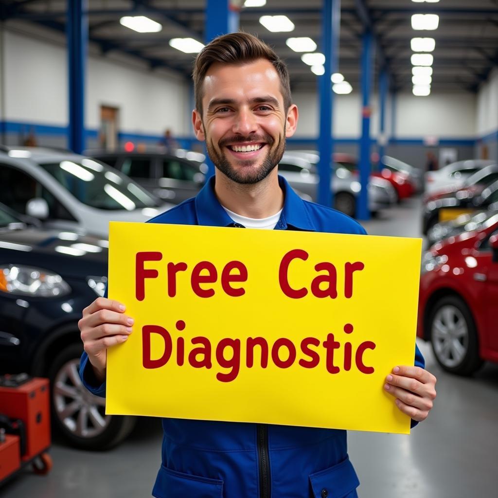 Mechanic holding a "Free Car Diagnostic" sign