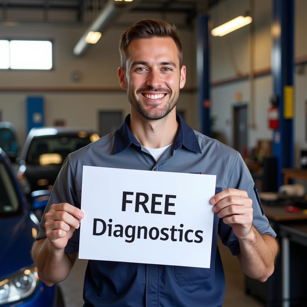 Mechanic holding a sign that says "Free Car Diagnostic"