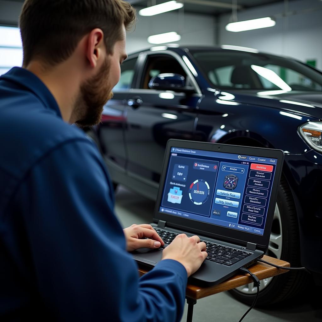 Mechanic using free car diagnostic software on a laptop