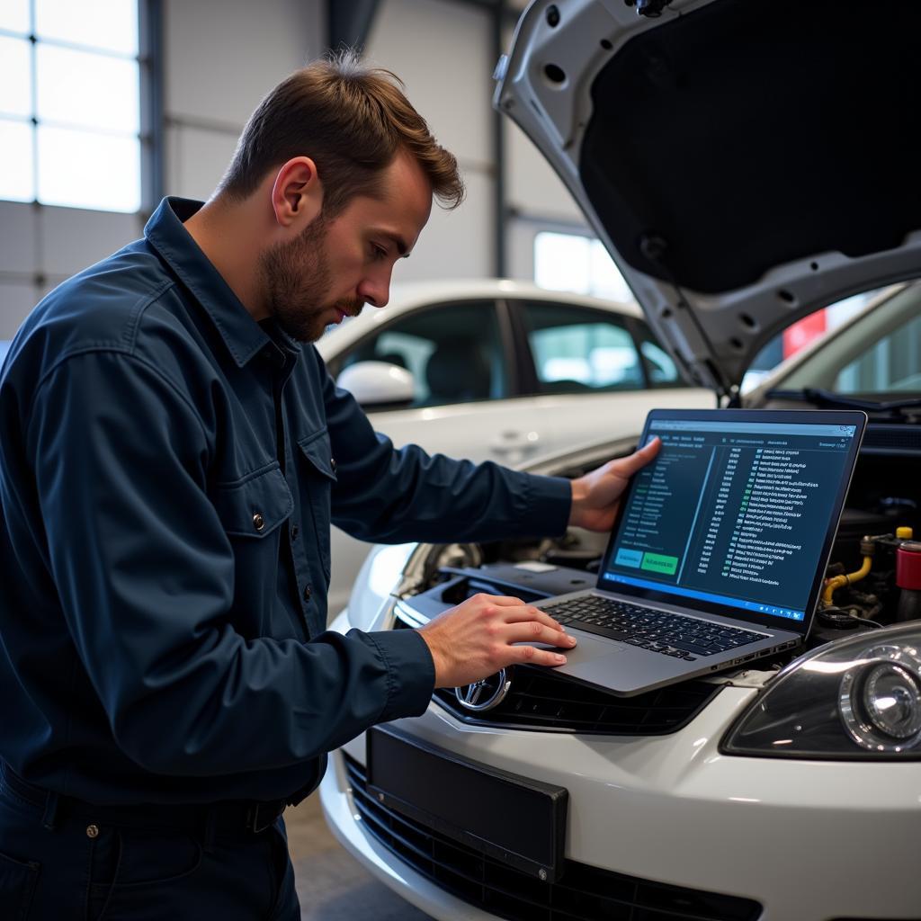 Mechanic using free car diagnostic software on a laptop to diagnose a car problem