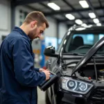 Mechanic performing a car diagnostic test in Calgary