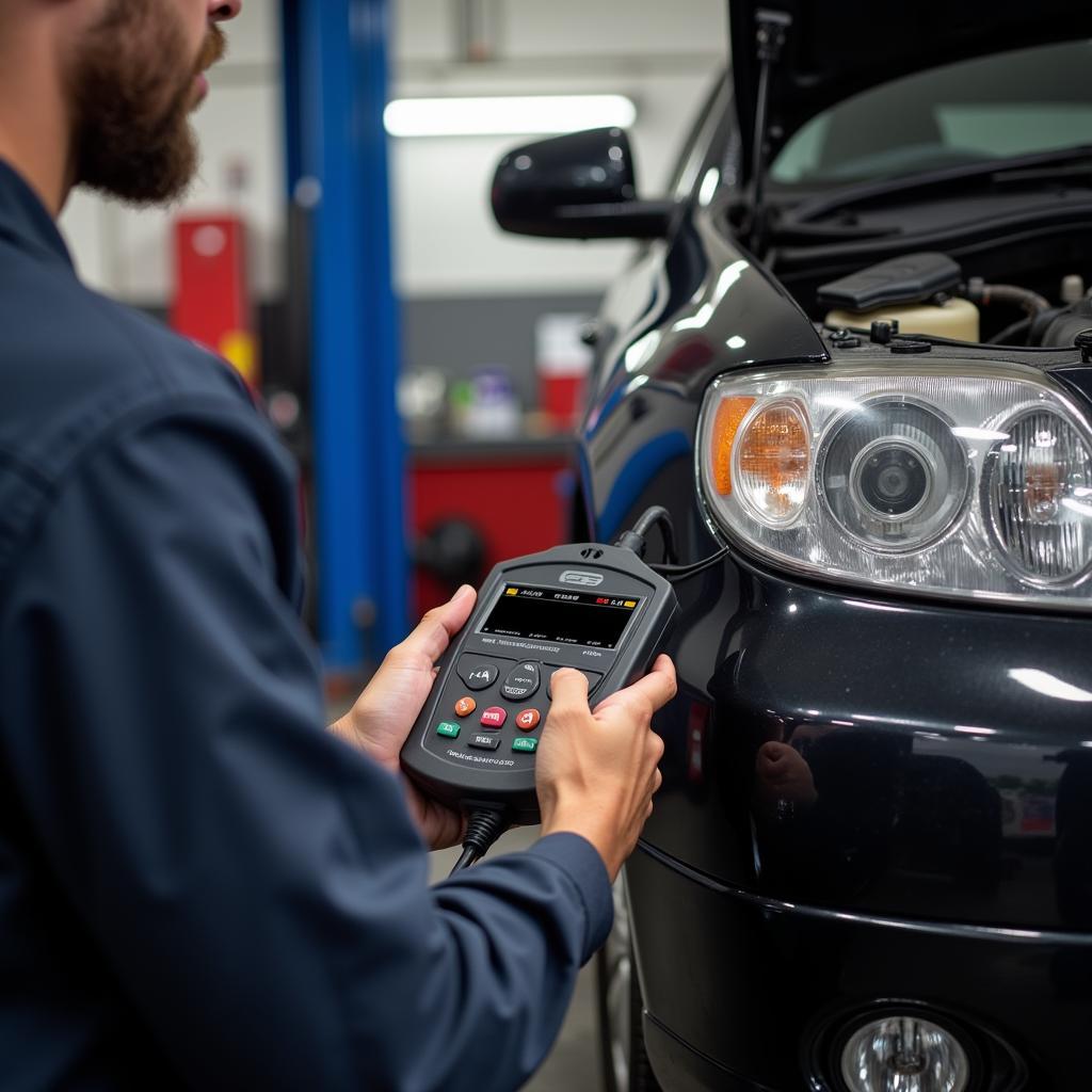 Mechanic performing a free car diagnostic test in San Antonio