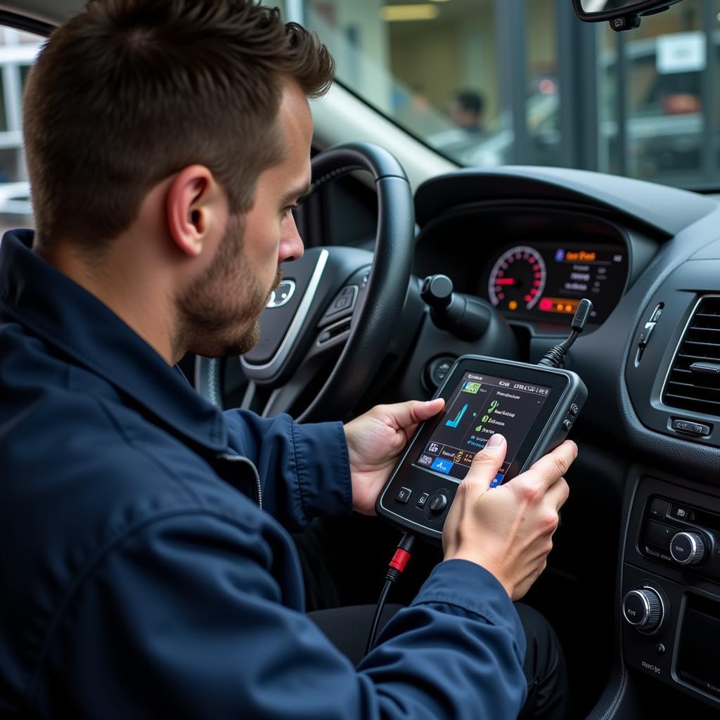 Mechanic using a diagnostic tool on a car