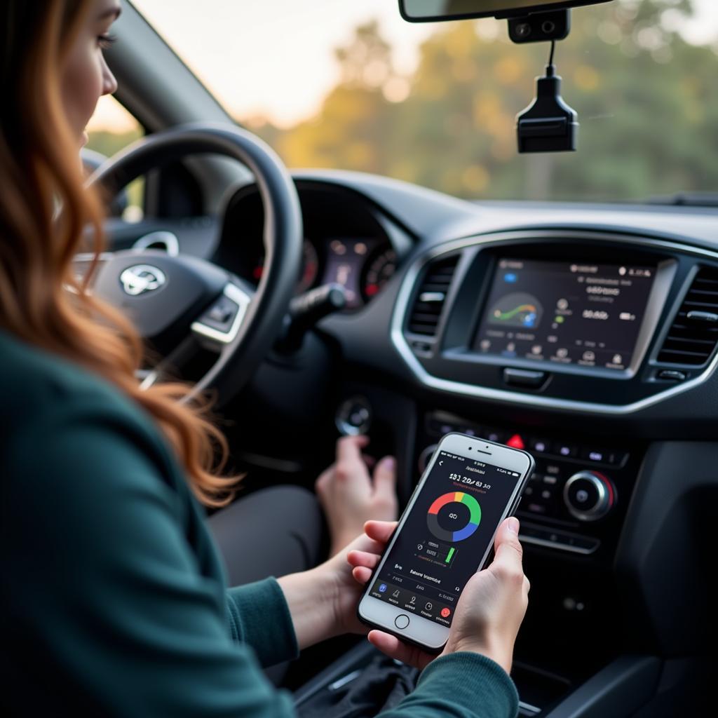 Person using a home car diagnostic tool plugged into their car