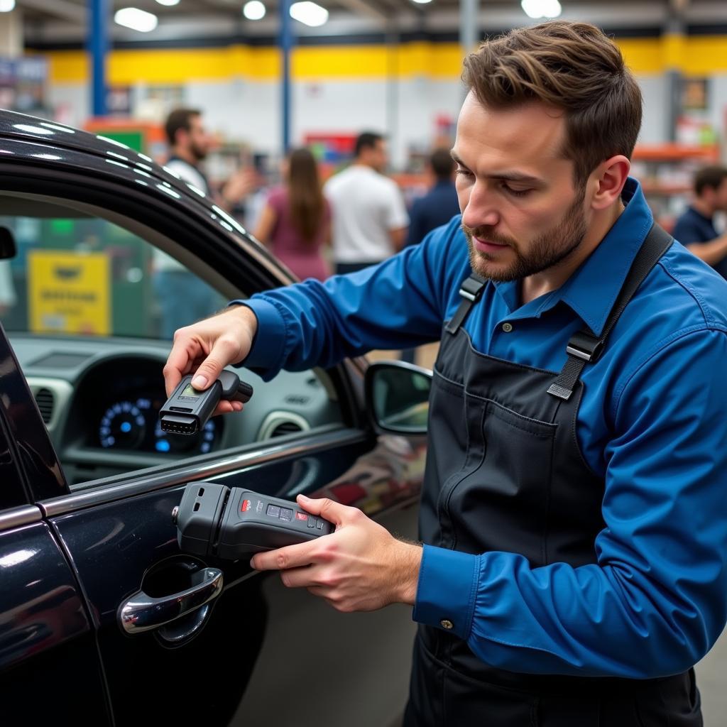 Mechanic using an OBD2 scanner on a car in an auto parts store