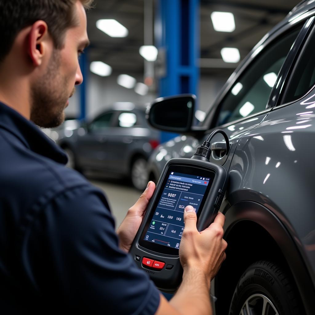 Mechanic using French car diagnostic tool