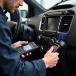 Mechanic using diagnostic equipment on a car