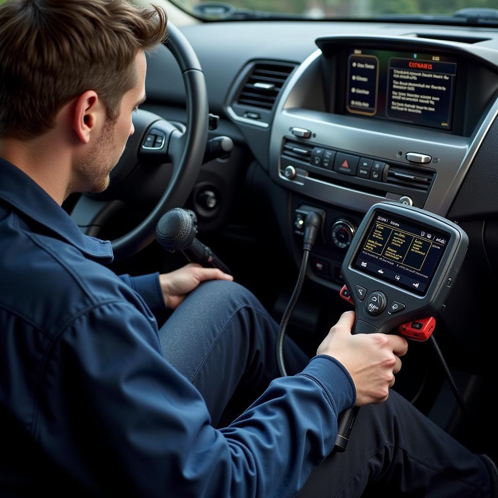 Mechanic performing a full car diagnostic scan