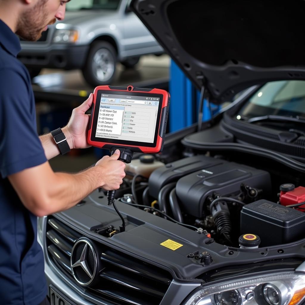 Mechanic using a diagnostic scan tool on a car engine