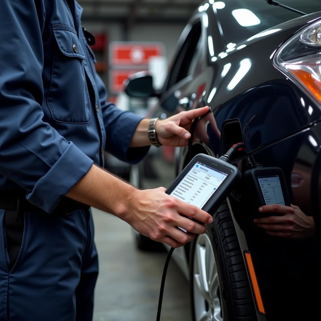 Mechanic using a full car diagnostic tool