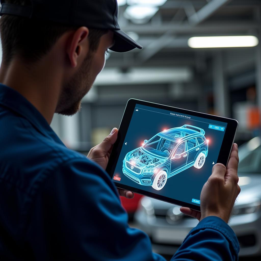 Mechanic Using a Tablet with Augmented Reality for Car Diagnostics