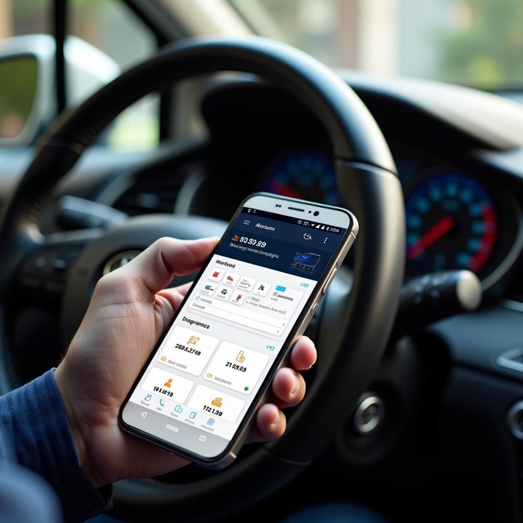 A futuristic car diagnostic tool displayed on a smartphone