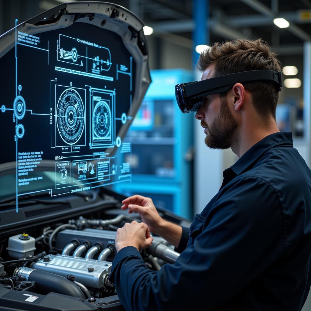 Mechanic using augmented reality glasses to interact with car diagnostic software