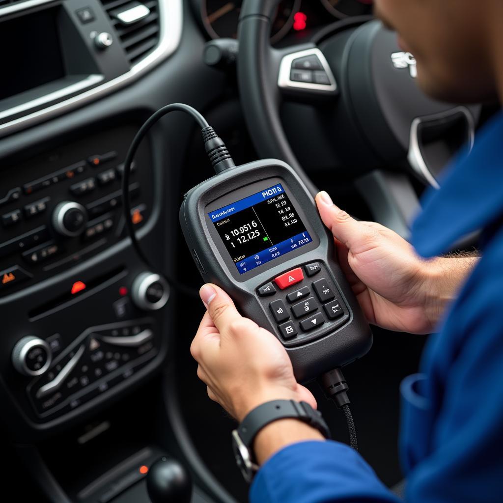 Mechanic Performing Diagnostics with Handheld Scanner