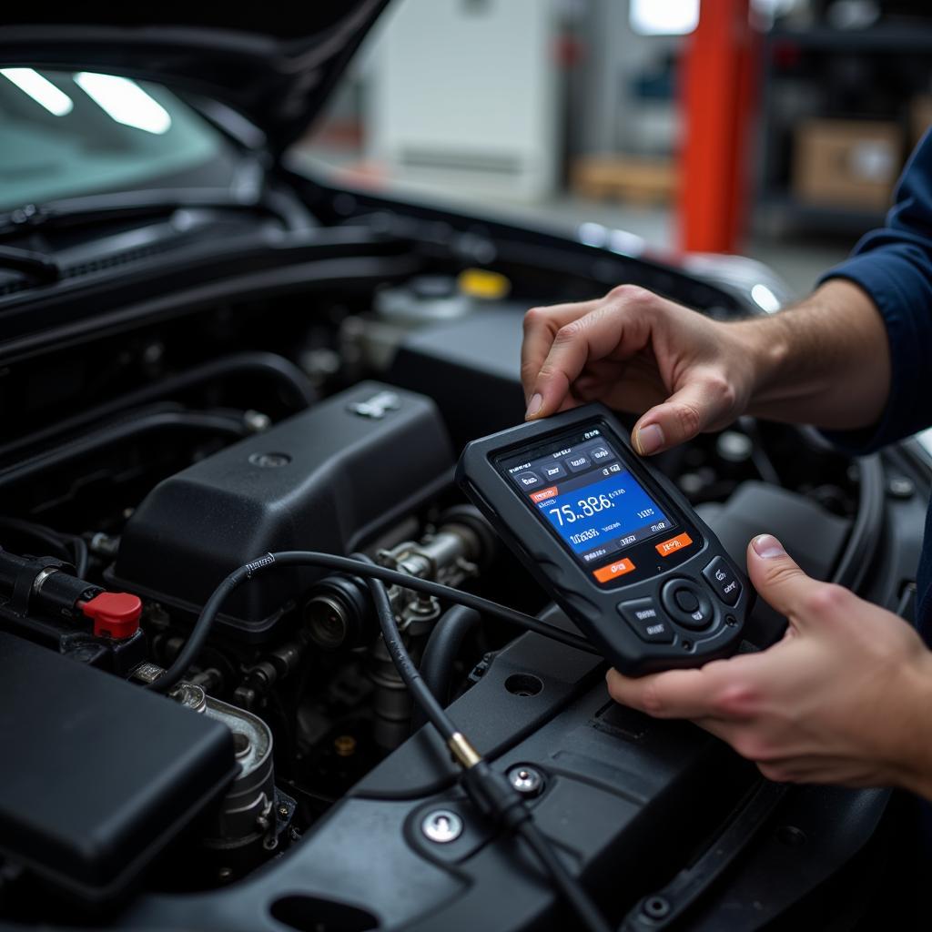 Handheld Diagnostic Device Connected to Car