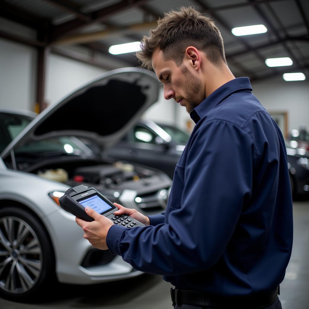 Mechanic using a Handheld Diagnostic Scanner