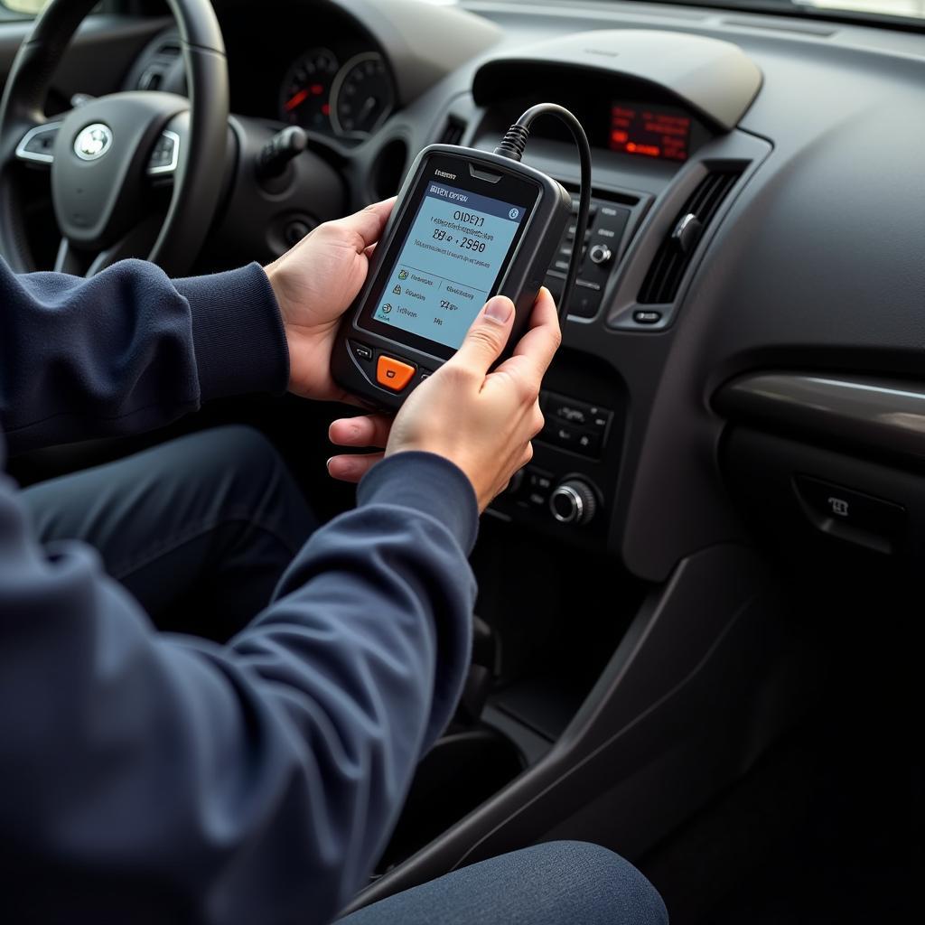 Handheld diagnostic scanner connected to car OBD-II port