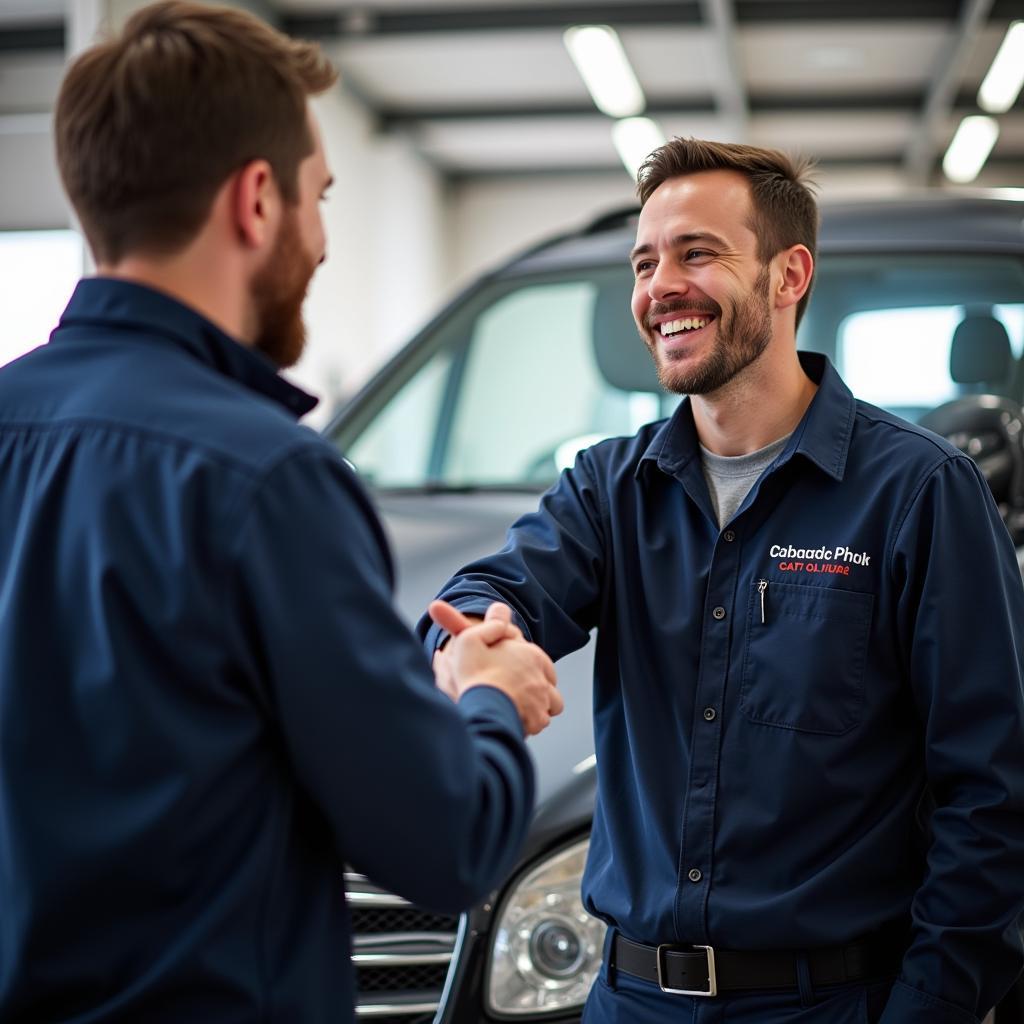 Happy customer in Blackpool shaking hands with a mobile car diagnostics technician.