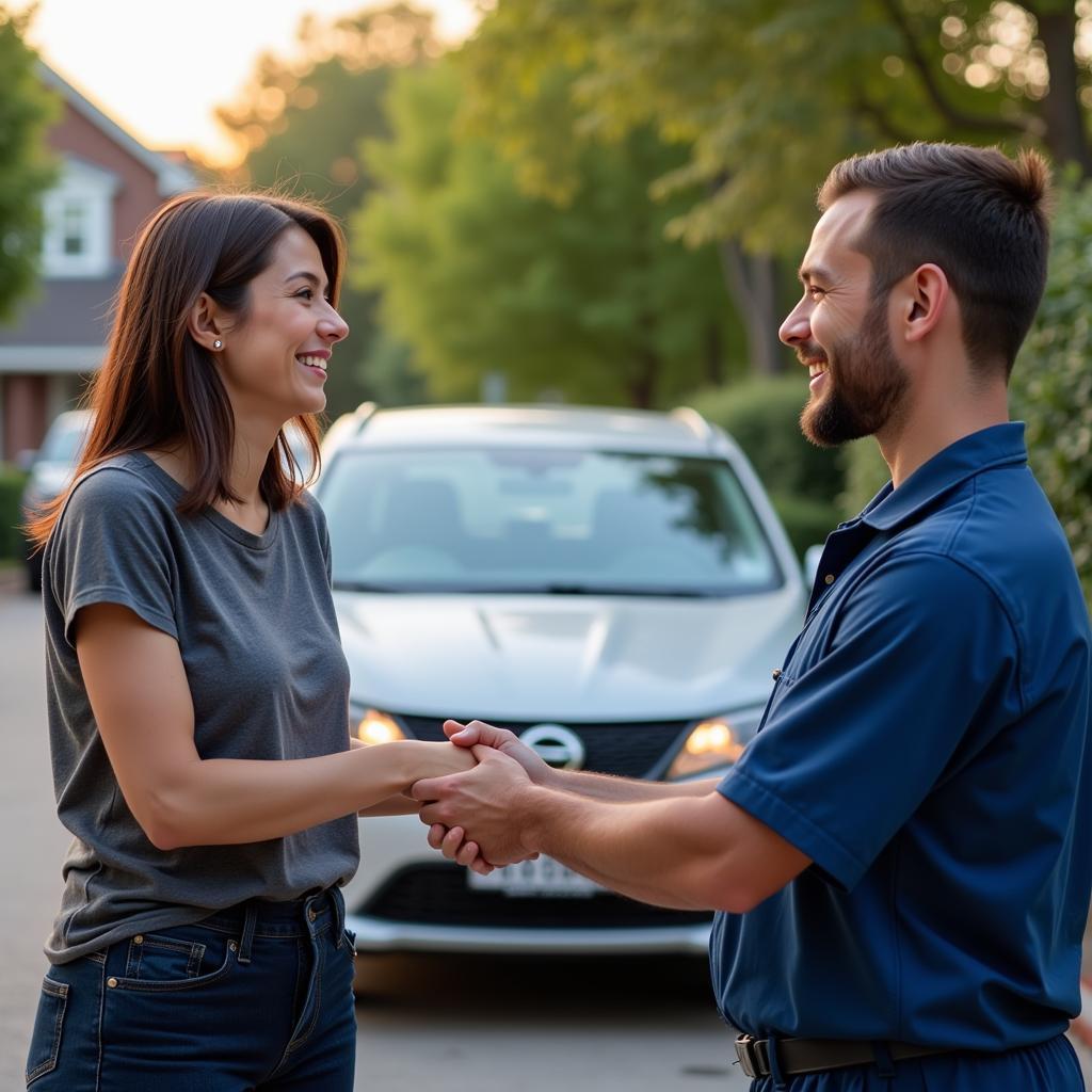 Satisfied customer with mobile mechanic after car repair