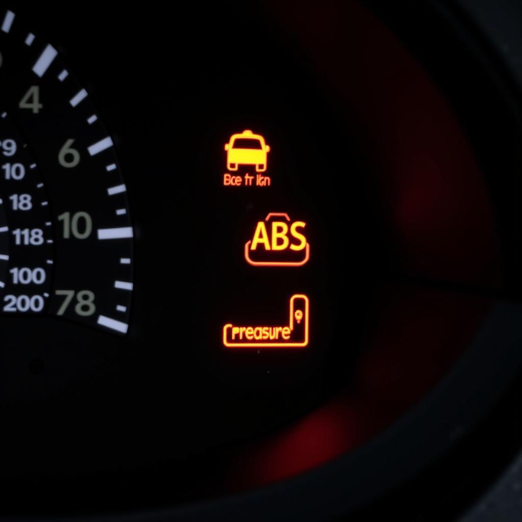 Car dashboard with warning lights illuminated