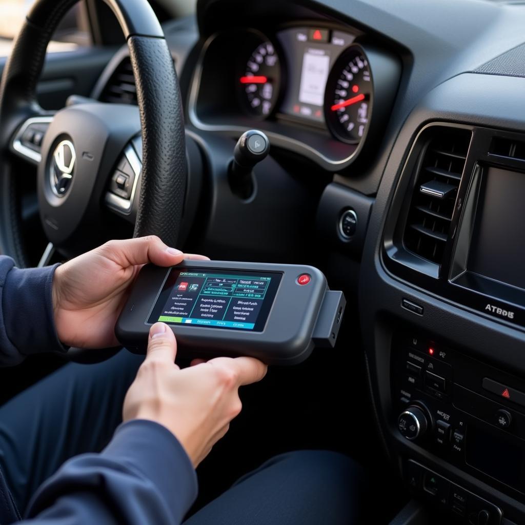 Mechanic connecting a home car diagnostic kit to a car's OBD port