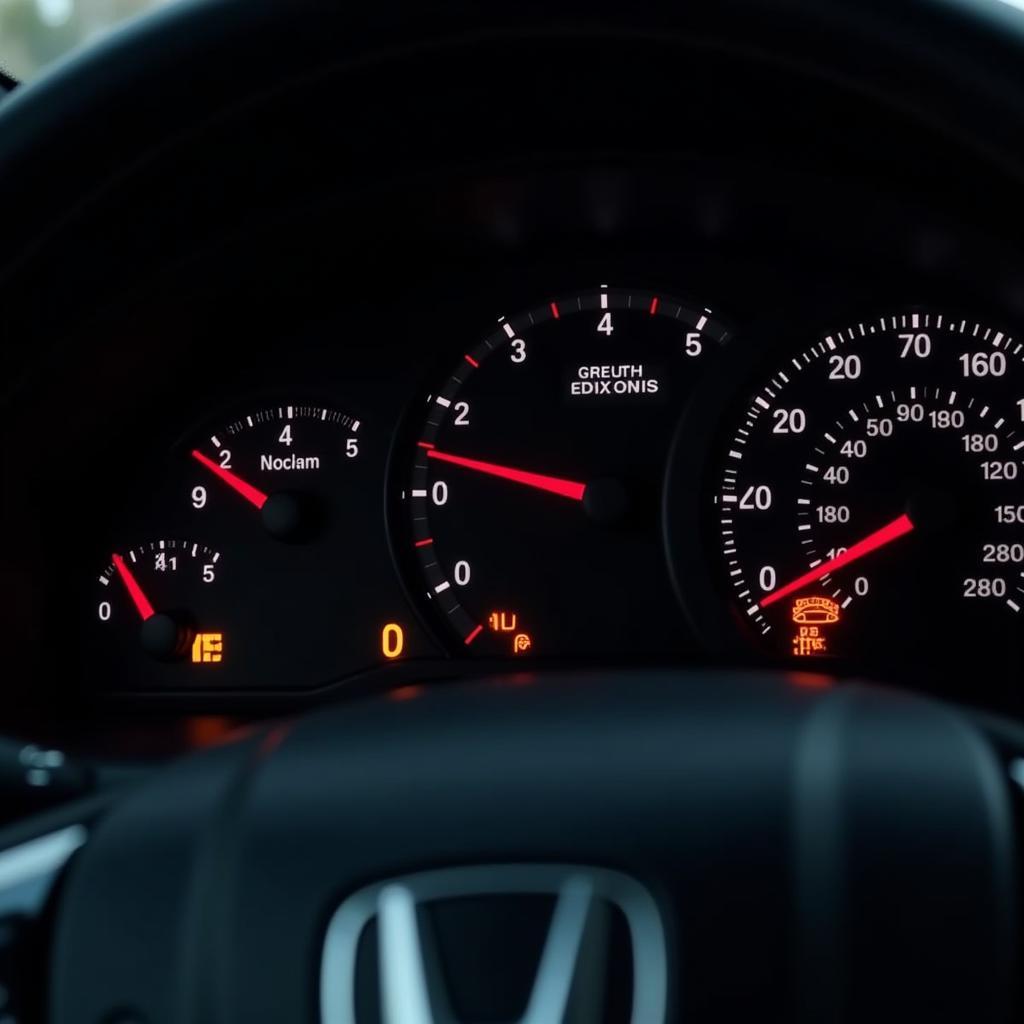 Close-up of a Honda car dashboard with the check engine light illuminated