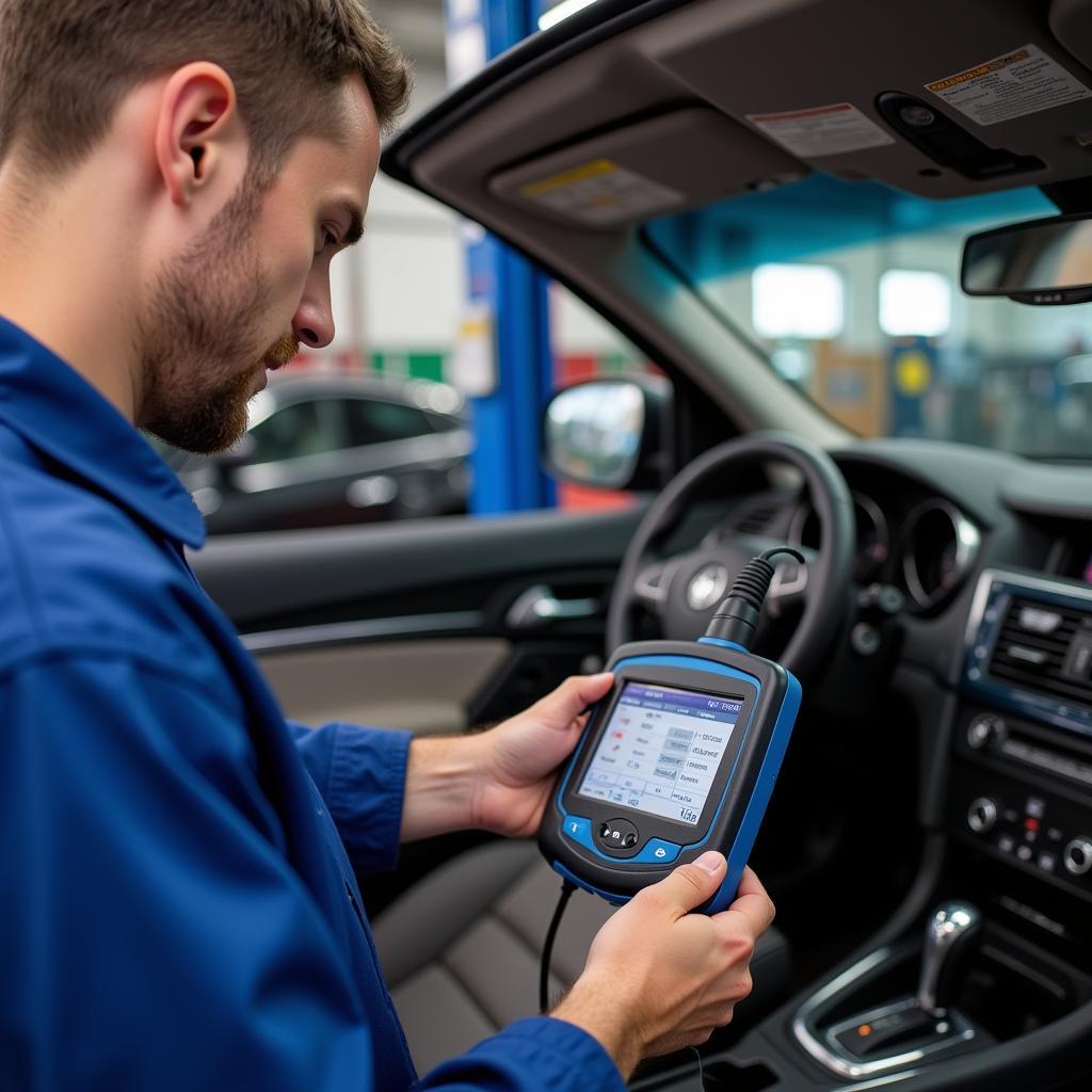 Mechanic performing an in-depth car diagnostic test